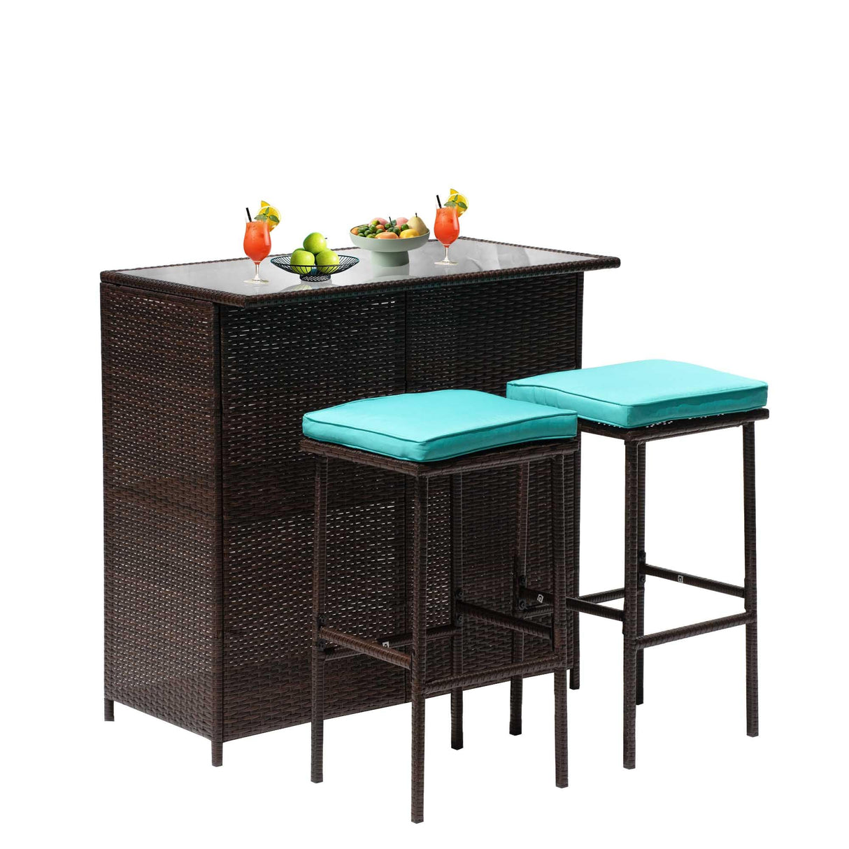 Set Of 3 Outdoor Bar Set Patio Wicker Counter Height Table Set Sturdy Frame Rattan Bar Table with Glass Table Top Storage Shelves 2 Bar Stools for Patio Poolside Porch Outdoor Indoor, Blue PayLessHere