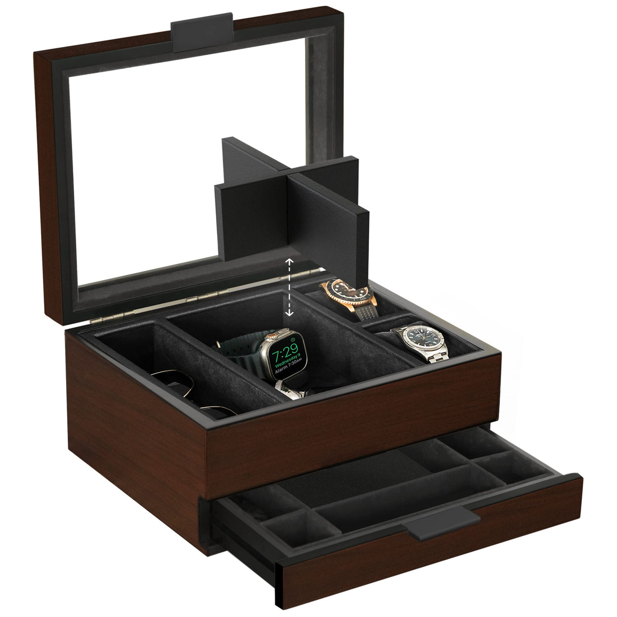 CASE ELEGANCE 8 Slot Watch Box Case Organizer for Men, Cherry Wood Walnut Finish, Watch Display Case, Modular Valet Tray, Apple Watch Compatible with Apple Watch Stand, Accessory Drawer, Pillow Stands CASE ELEGANCE