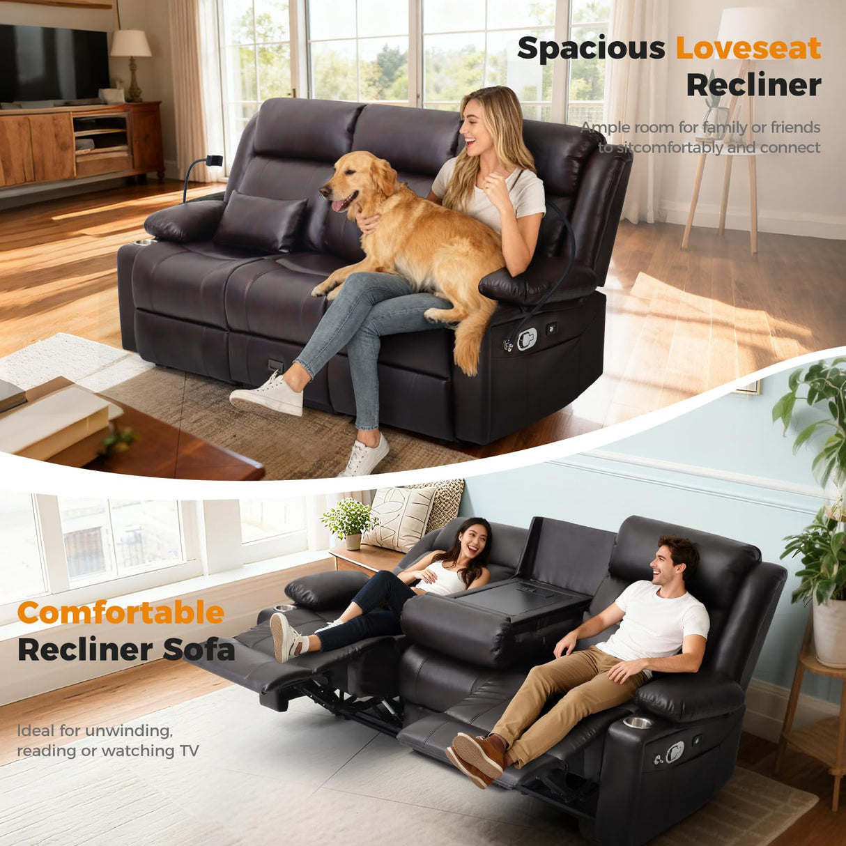 SENYUN 3-Seater Recliner Sofa, Flip Middle Backrest Manual Reclining Couch with Storage Drawer, Phone Holder and USB A&C Ports, Loveseat Recliner for Home Theater,Living Room,RV(Leather,Brown) SENYUN