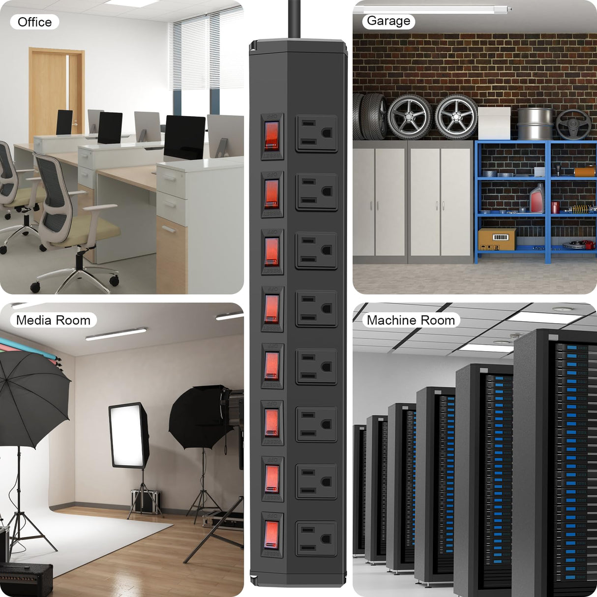 8 Outlet Heavy Duty Power Strip with 8 Individual Switches,Moutable Metal Power Strip Surge Protector 1200 Joules,6FT 14AWG Extension Cord,15A 1800W 125V 60Hz ANNQUAN