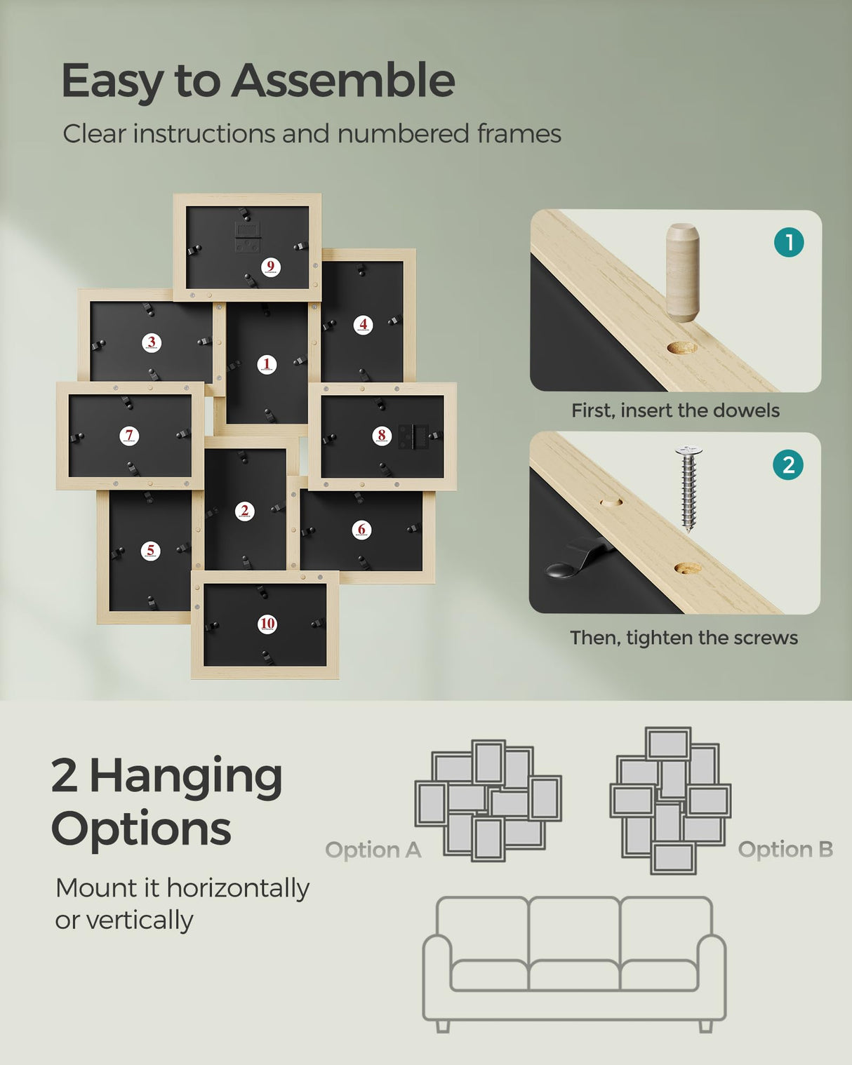 SONGMICS Collage Picture Frames, 4x6 Picture Frames Collage for Wall Decor, 10 Pack Photo Collage Frame for Gallery, Multi Family Picture Frame Set, Glass Front, Assembly Required, Natural Beige SONGMICS