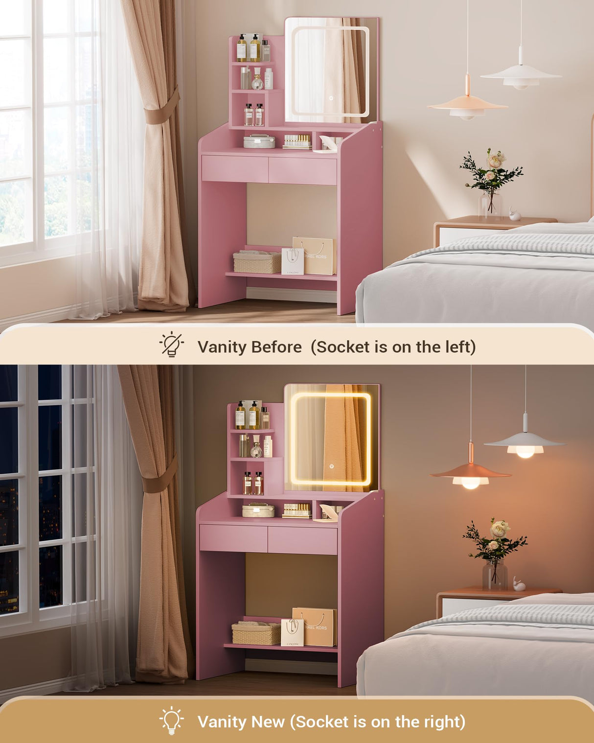 LIVELYGLOW Vanity Desk Set with Square Mirror and Light- Small Vanity Tale with Drawers- Pink LIVELYGLOW