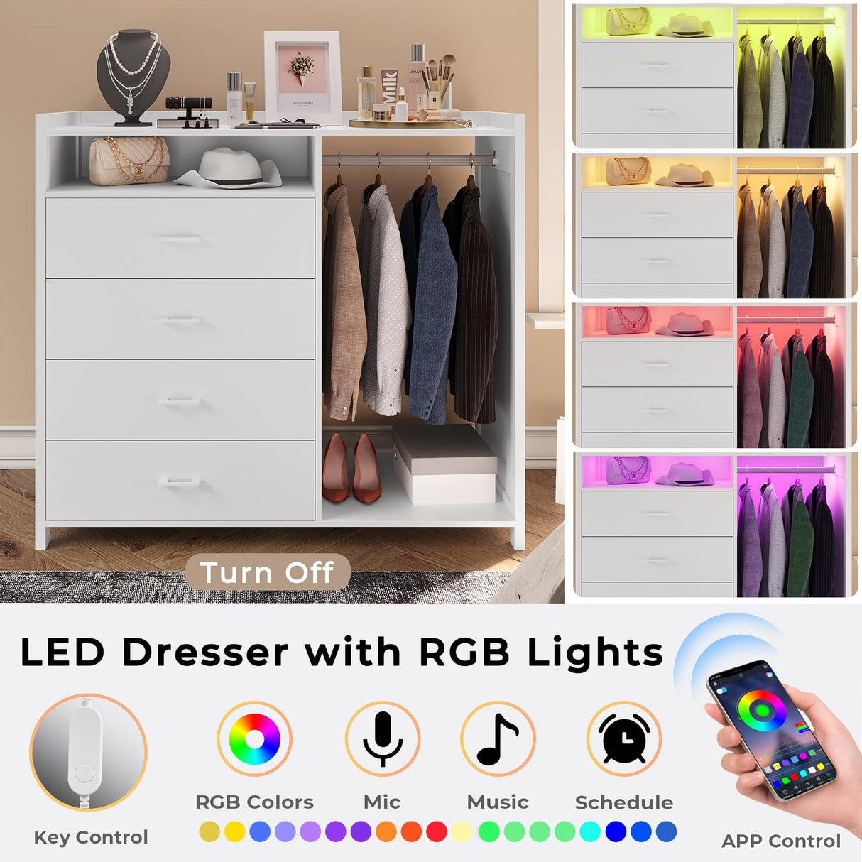 VIAGDO Dresser for Bedroom with Clothes Rail, Chest of 4 Drawers with LED Lights, Modern White Dresser with Open Storage Space for Bedroom Entryway, Large Capacity VIAGDO