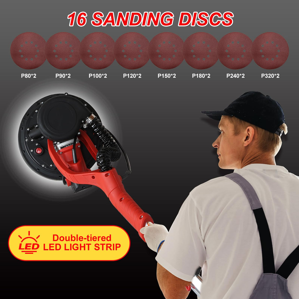 Drywall Sander, 850W Electric Drywall Sander with Vacuum Dust Collection, 7.2A Floor and Popcorn Ceiling Removal Tool, 6 Variable Speed 900-1800RPM, 16 Sanding Discs,Pure-Copper Motor, IP20 Waterproof SFESGRER