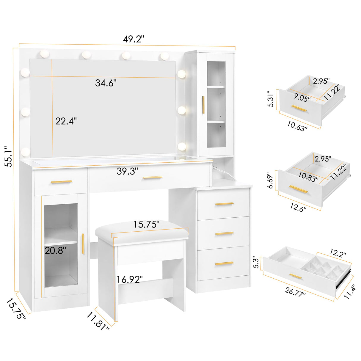 BEWISHOME 49.2" Large Vanity Desk with Mirror and Lights,White Makeup Vanity Table with Glass Top,Stool,Makeup Desk with Power Outlet,Drawers,Cabinet,Nightstand,Dressing Table for Bedroom Women FST34W BEWISHOME
