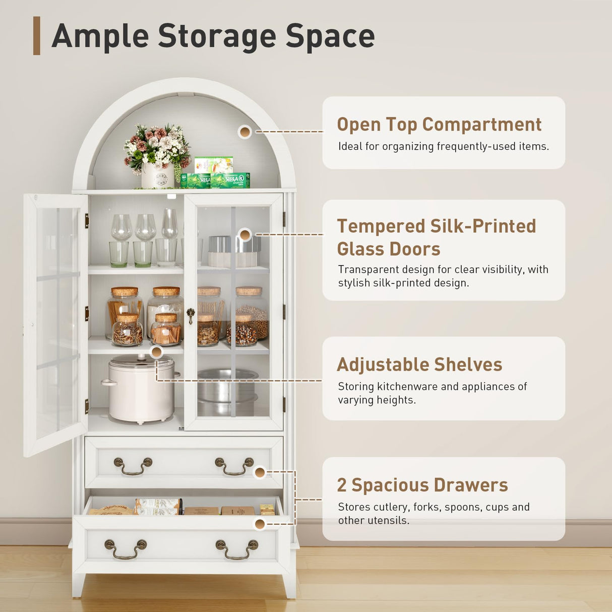 RALGEND 71'' Tall Arched Pantry Cabinet, Farmhouse Kitchen Pantry Cabinet with Glass Doors, Adjustable Shelves and 2 Large Drawers, Versatile Cupboard for Kitchen, Dining Room, White RALGEND