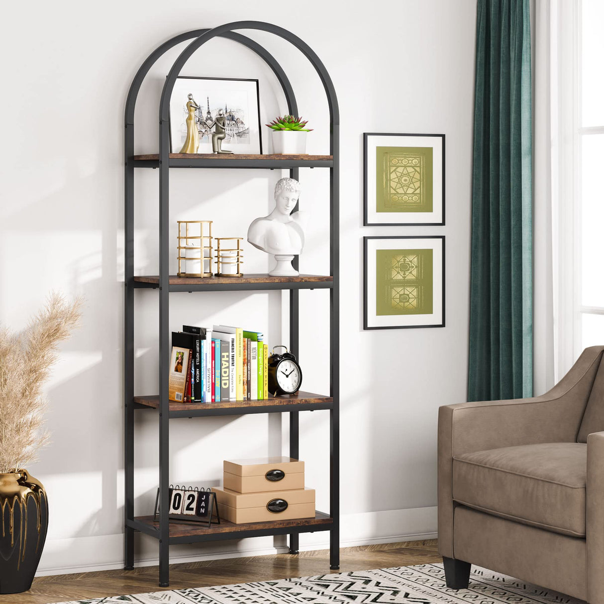 Tribesigns 4-Tier Industrial Arched Bookshelf in Rustic Brown - Freestanding Metal Frame Storage Rack Tribesigns