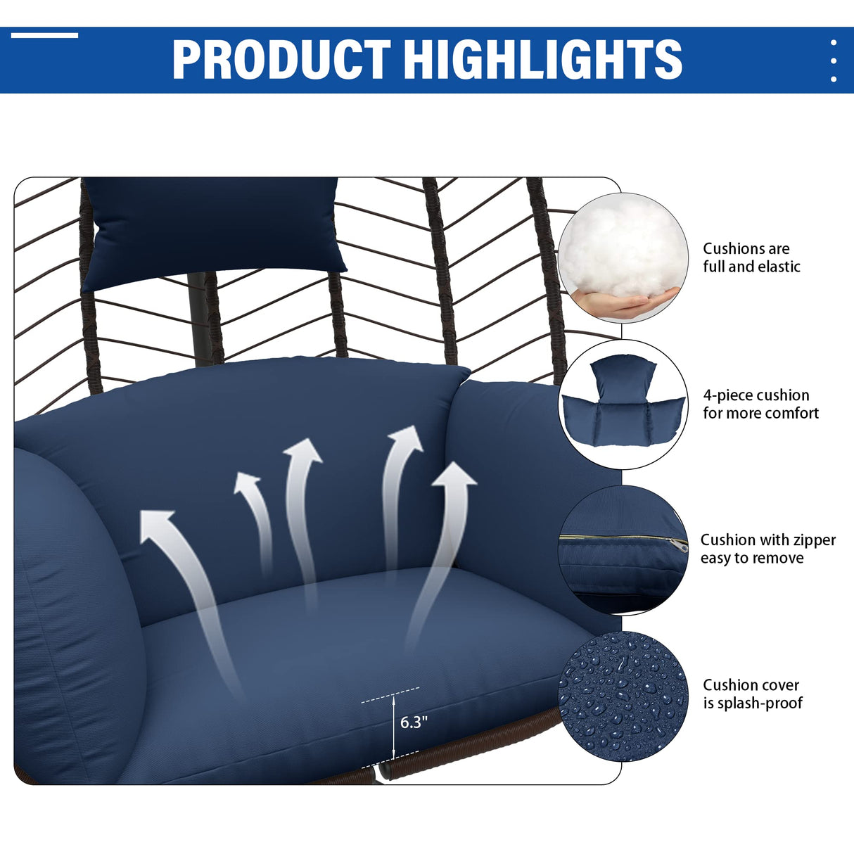 ALAULM Egg Swing Chair Outdoor Indoor Wicker Rattan Hanging Chair with Stand 350lbs Capacity w/Strong Frame & Dark Blue Cushions for Patio Balcony Bedroom ALAULM