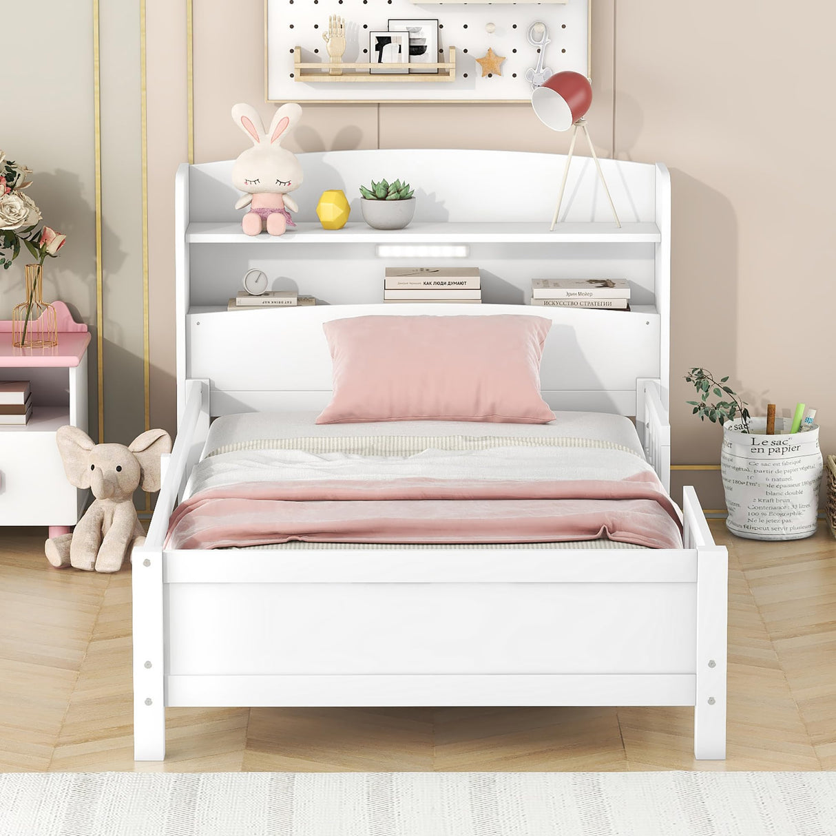 SOFTSEA Twin Size Antique White LED Platform Bed with Storage Headboard and Safety Guardrails SOFTSEA