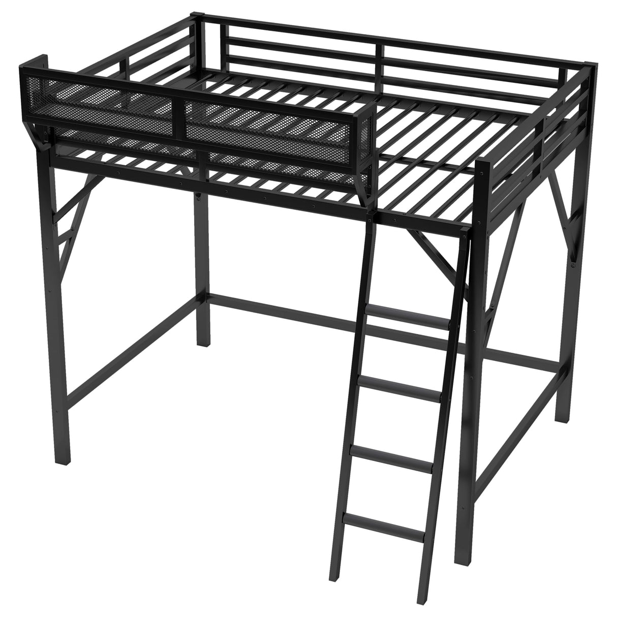 Queen Size Loft Bed with Storage Shelves & Soft Foam Ladder, Metal High Loft Bed with Large Under-Bed Space & Guardrail, Heavy-Duty Modern Beds for Adults Teens and Kids, No Box Spring Needed, Black Aurnienofus