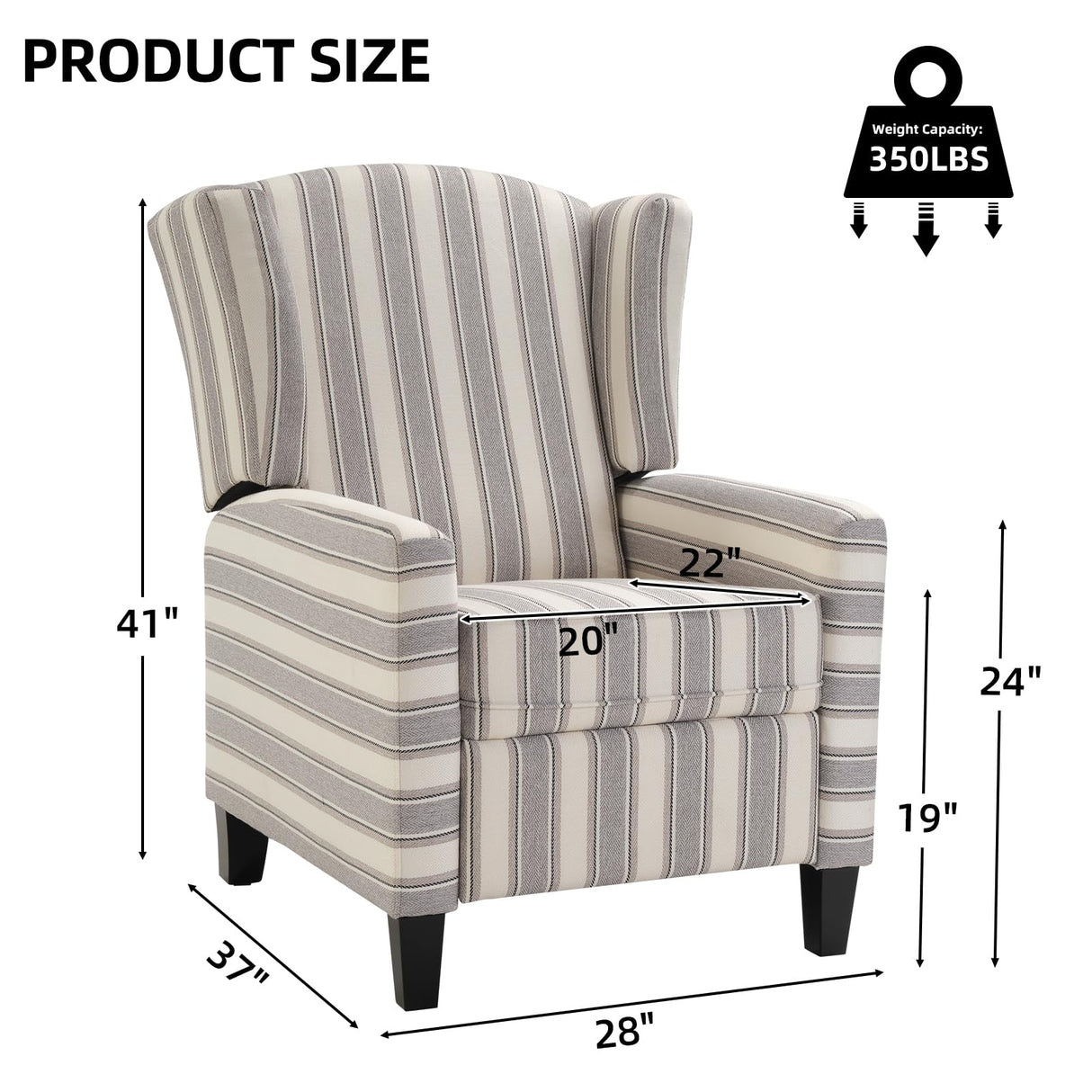 IOMOR Wingback Pushback Recliner Chair Fabric Lounge Armchair Push Back Single Sofa Chair with Padded Seat Solid Wood Legs for Living Room, Mid Century Modern Recliner (Grey Stripe) IOMOR