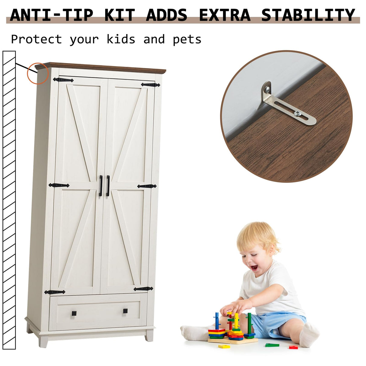 LUXOAK Farmhouse Kitchen Pantry Cabinet, 72" Tall Storage Cabinet with Adjustable Shelves & Barn Doors, Freestanding Kitchen Cupboard for Dining Room, Living Room, Barnwood+White LUXOAK