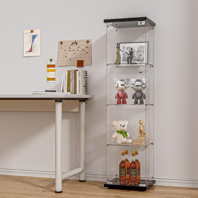 FANYUSHOW Glass Display Cabinet with Door and Lock, Quick-Install Style 4-Shelf Curio Cabinet 5mm Tempered Glass Floor Standing Bookshelf for Living Room, Bedroom, 65" H x 17''L x 14''W (Black)