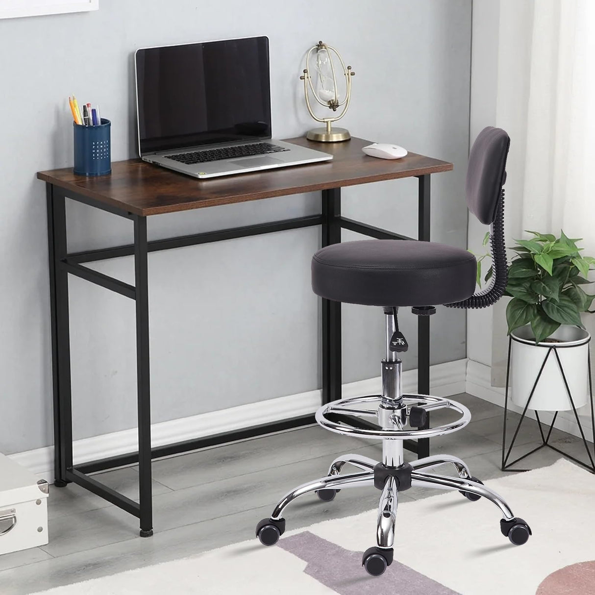 KLASIKA Drafting Chair with Backrest, Adjustable Foot Rest Height Rolling Stool with Wheels, Leather Swivel Work Shop Office Stools Chairs, Thick Seat Cushion Tall Kitchen Home Bar Stool - Black KLASIKA