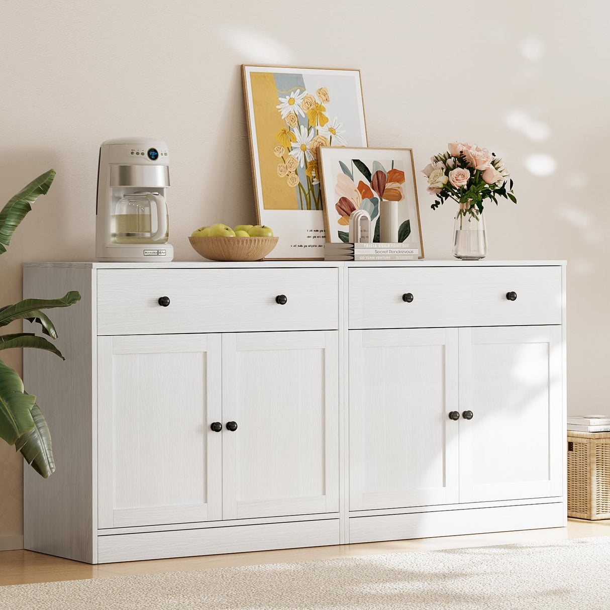 TUSY 4-Piece Large TV Stand with Bookshelves for TVs up to 75", TV Entertainment Center Media Center with Tempered Glass Doors and Shelves, TV Hutch for Living Room White (2A+2C) TUSY