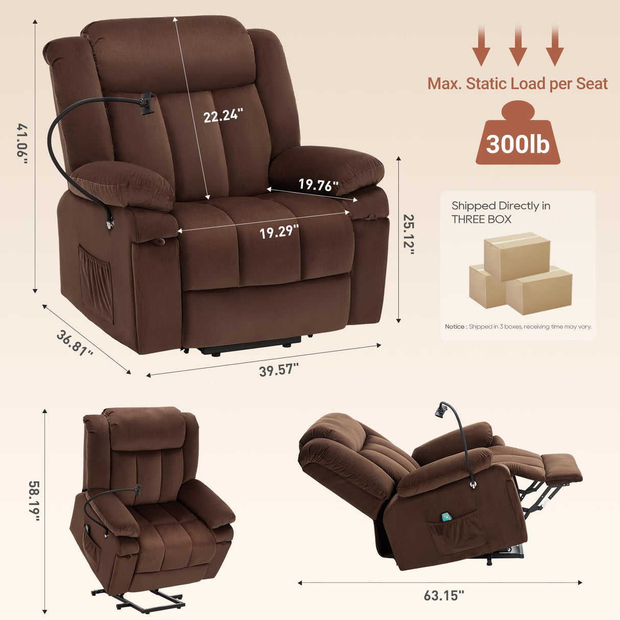 COLAMY Large Wide Power Lift Recliner with Massage and Heat, Extended Footrest for Big Elderly, Phone Stand,Hidden Storage Compartments and Cup Holders for Living Room(Darkbrown COLAMY