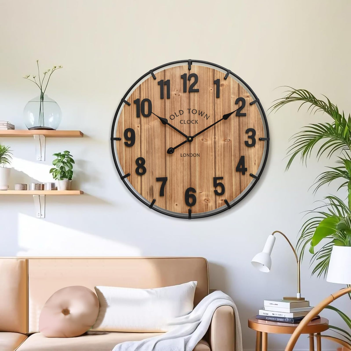24 Inch Farmhouse Wall Clock Large Old Town Vintage Rustic Wooden Clock with Metal Rim and Large Numerals, Silent Battery-Operated for Office, Kitchen, Bedroom, and Living Room MICWIC