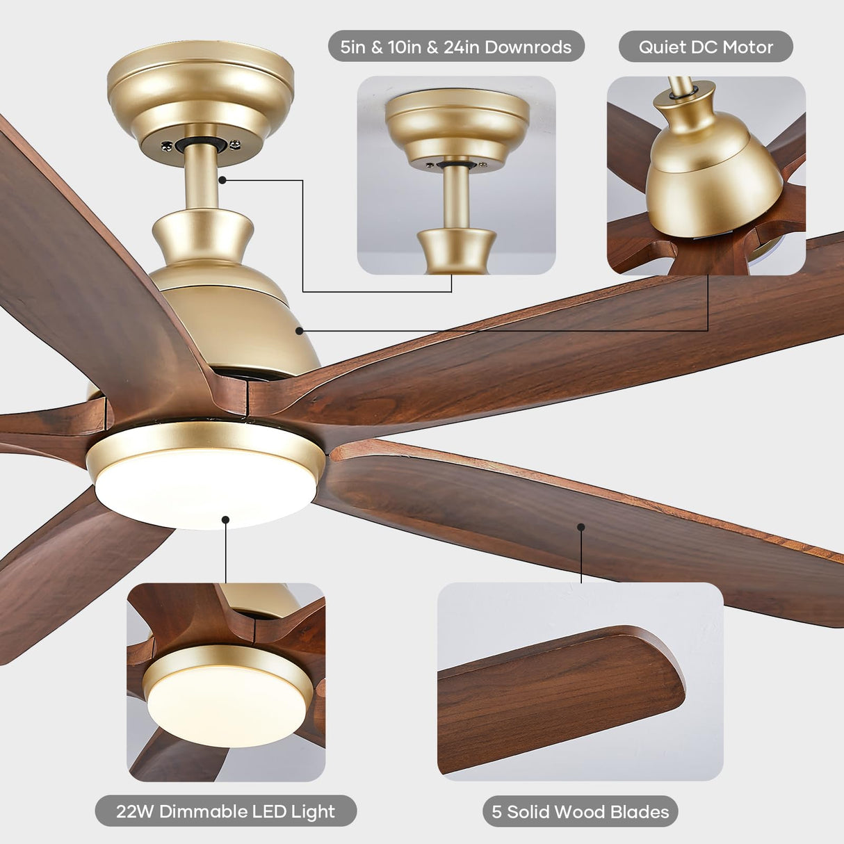 YZEENM 60 Inch Ceiling Fan with Light, Outdoor Ceiling Fans for Patios, Gold Ceiling Fan with LED Lights and Remote, 5 Solid Wood Blade, Quiet DC Motor, Farmhouse Outdoor Large Ceiling Fan Walnut YZEENM