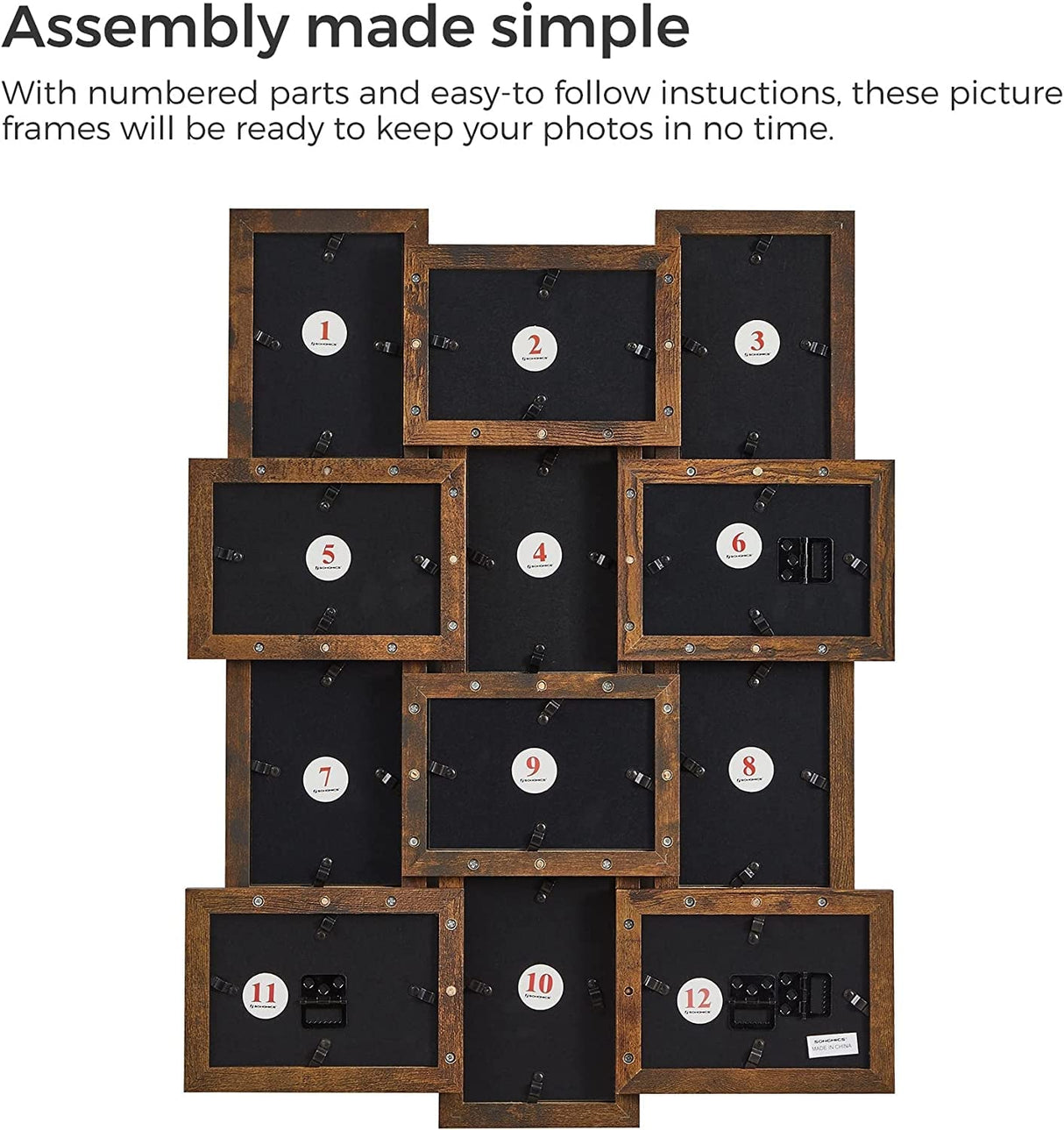 SONGMICS Collage Picture Frames, 4x6 for Wall Decor Set of 12, Multi Family Photo for Gallery Decor, Hanging Display, Assembly Required, Rustic Brown SONGMICS