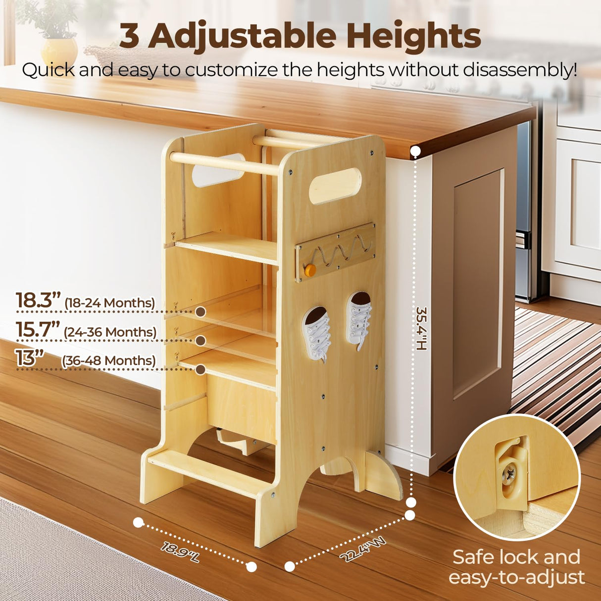 JUZBOT Toddler Tower 4 in 1 Toddler Kitchen Stool Helper Adjustable Standing Tower for Kitchen Counter with Safety Board, Slide, Chalkboard, Montessori Activities JUZBOT