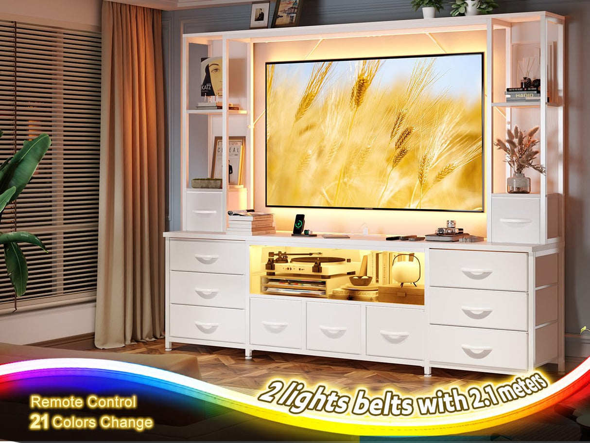 78.6" W Stands for Living Room, Large Wall Unit Entertainment Center with 11 Fabric Drawer,Dresser TV Stand with 2 LED Lights & Power Outlets,TV Stand for Bedroom with Storage Shelves,White EnHomee