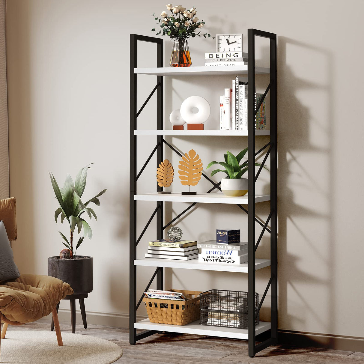 YITAHOME Modern White 5-Tier Bookshelf - Versatile Storage Rack for Home and Office YITAHOME