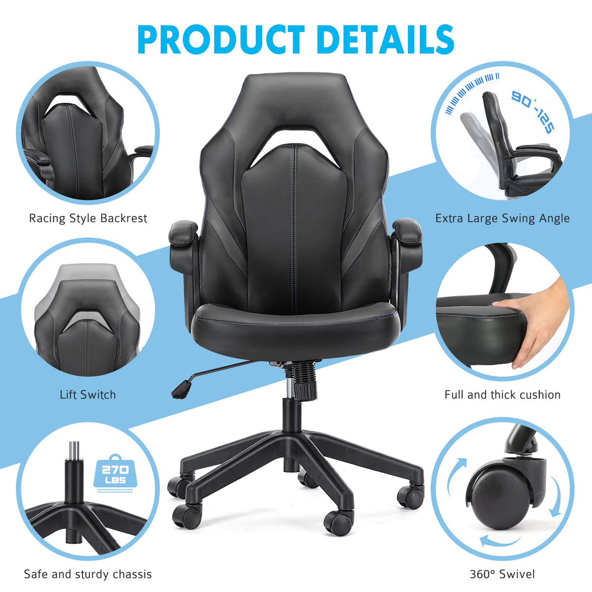 OLIXIS Computer Gaming Chair - PU Leather Ergonomic Office Chair Swivel Desk Chair with Lumbar Support, Executive Chair with Padded Armrest and Seat Cushion for Adults, Grey OLIXIS