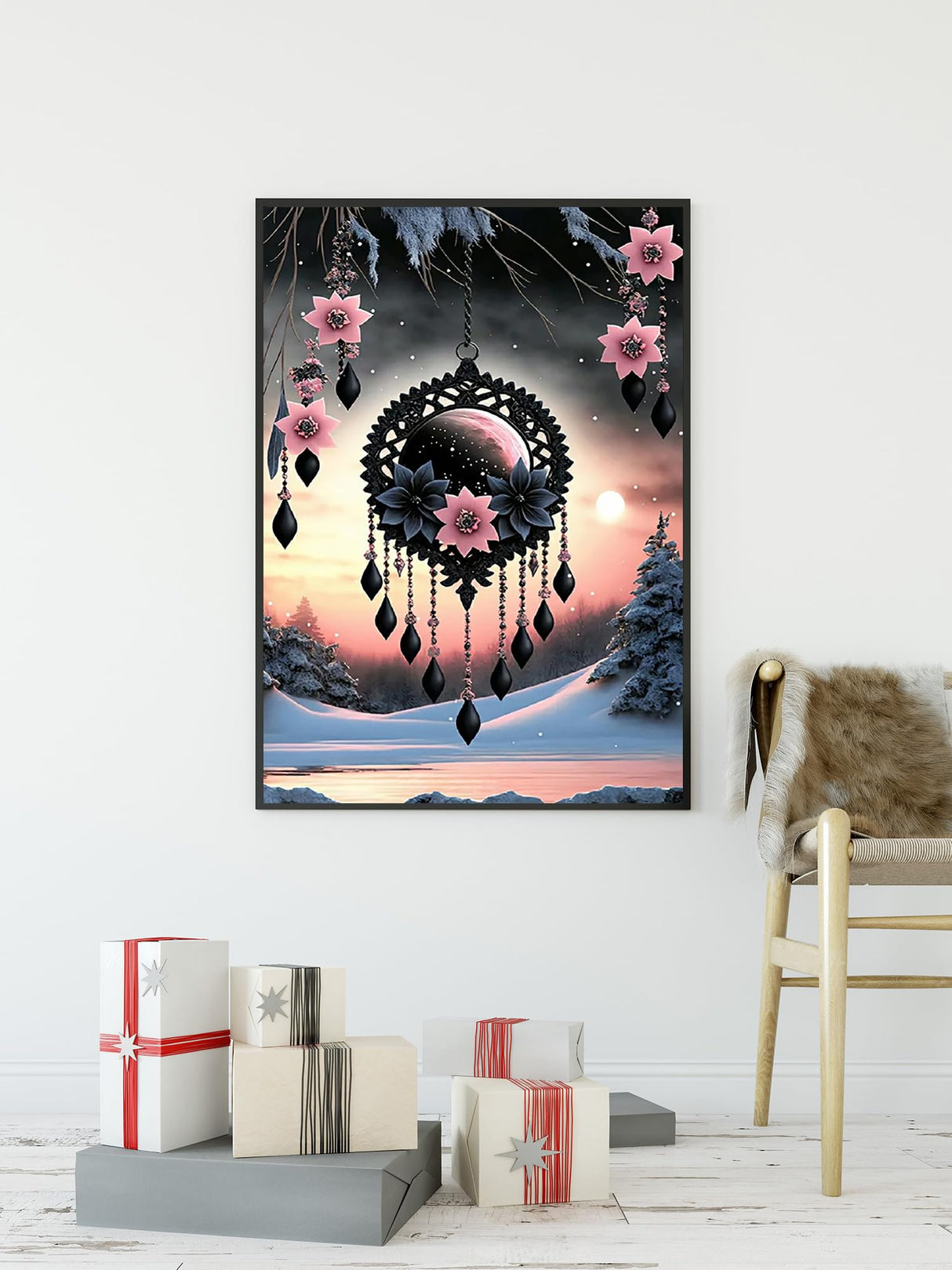 KINPLUB Dream Catcher Diamond Painting Kits for Adults, Fantasy Pink Flower 5D Diamond Art Kits for Beginners, DIY Full Drill Round Diamond Dots, Home Wall Decor 12 x 16 Inch KINPLUB