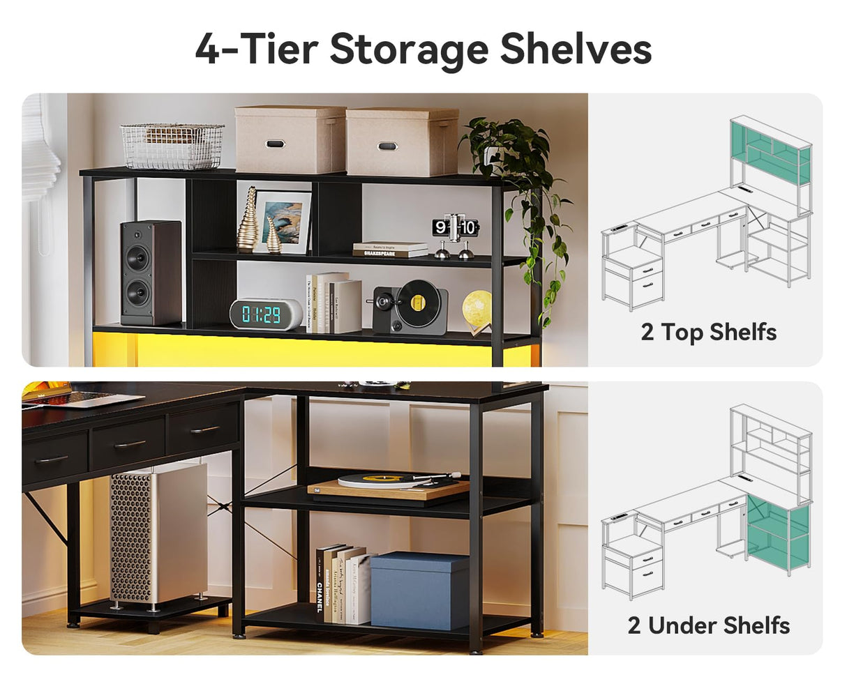 AODK 79 inch L Shaped Desk with File Drawers, Reversible L Shaped Gaming Desk with Power Outlets & LED Lights, Computer Desk with Storage Shelves for Home Office, Black AODK