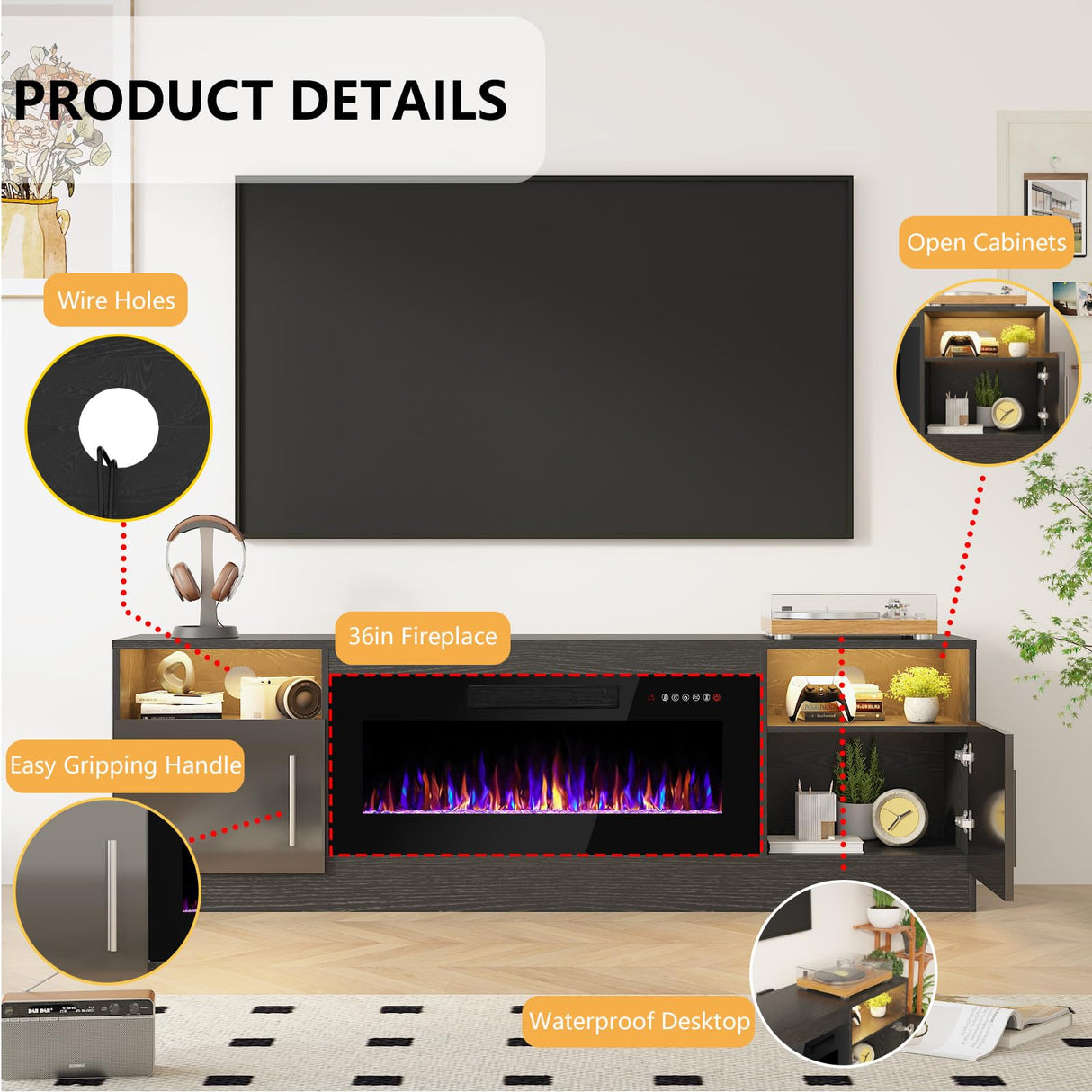 PRETZI Fireplace TV Stand with 36" Fireplace Up to 80" TVs,70" Entertainment Center with LED Lights,Remote Control,TV Media Console with Storage Cabinets for Living Room, Black PRETZI