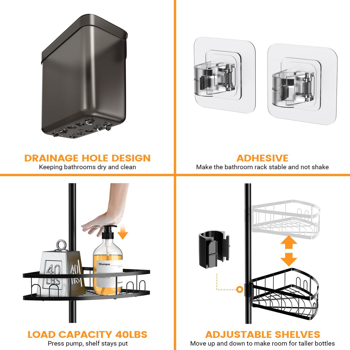 Foukus Tension Pole Shower Caddy Corner: Adjustable 4tier Bathroom Organizer Shelves - Rustproof Bathtub Shampoo Rack 43.5-120 inch Foukus