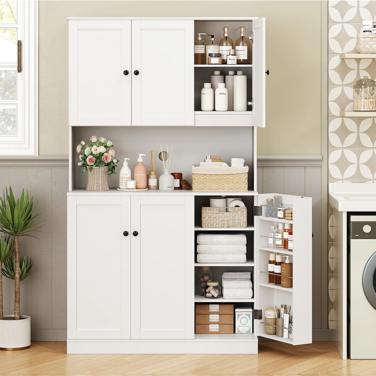 ONBRILL 71" Tall Kitchen Pantry Storage Cabinet with Microwave Stand & Door Shelf, Freestanding Kitchen Hutch with 6 Doors and Adjustable Shelves, Modern Food Pantry for Kitchen, Dining Room, White ONBRILL