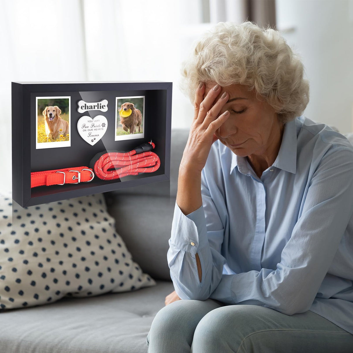 Dog Memorial Gifts for Loss of Dog, Pet Memorial Dog Picture Frame 13" Wooden Shadow Box Display with Collar & Leasd Holder, Sympathy Gift for Loss of Dog/Cat, Wall Hanging & Tabletop (Dark Grey) FITWOWFIT