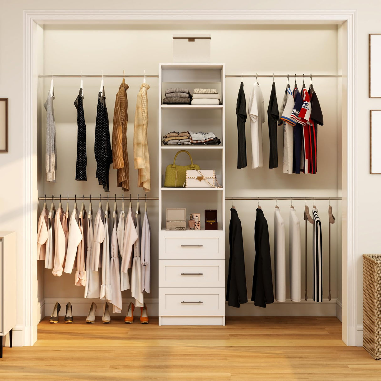 secilix Closet System, 5FT-8FT Closet Organizer System with 4 Expandable Hanging Rods and Moveable Shelves, 99" Walk in Closet System with 3 Wooden Drawers, Custom Built in Closet, Wall Mount (White) secilix