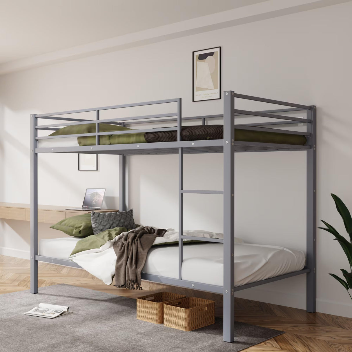Metal Bunk Bed Twin Over Twin, Low Profile Bunk Bed Frame withBuilt-in Ladder, High Guardrail and Metal Slats, Space-Saving Twin Size Bed Frame for Kids Teens, No Box Spring Required Softa
