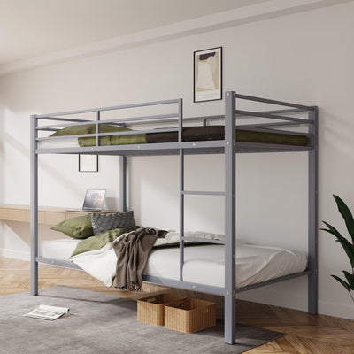 Metal Bunk Bed Twin Over Twin, Low Profile Bunk Bed Frame withBuilt-in Ladder, High Guardrail and Metal Slats, Space-Saving Twin Size Bed Frame for Kids Teens, No Box Spring Required