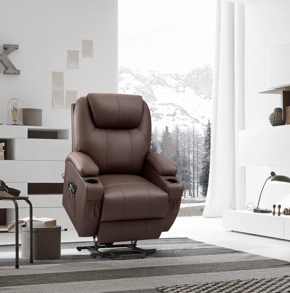 VICTONE Electric Power Lift Recliner Chair for Elderly Reclining Sofa for Living Room with Massage, Side Pockets and Cup Holders (Leather, Brown) VICTONE