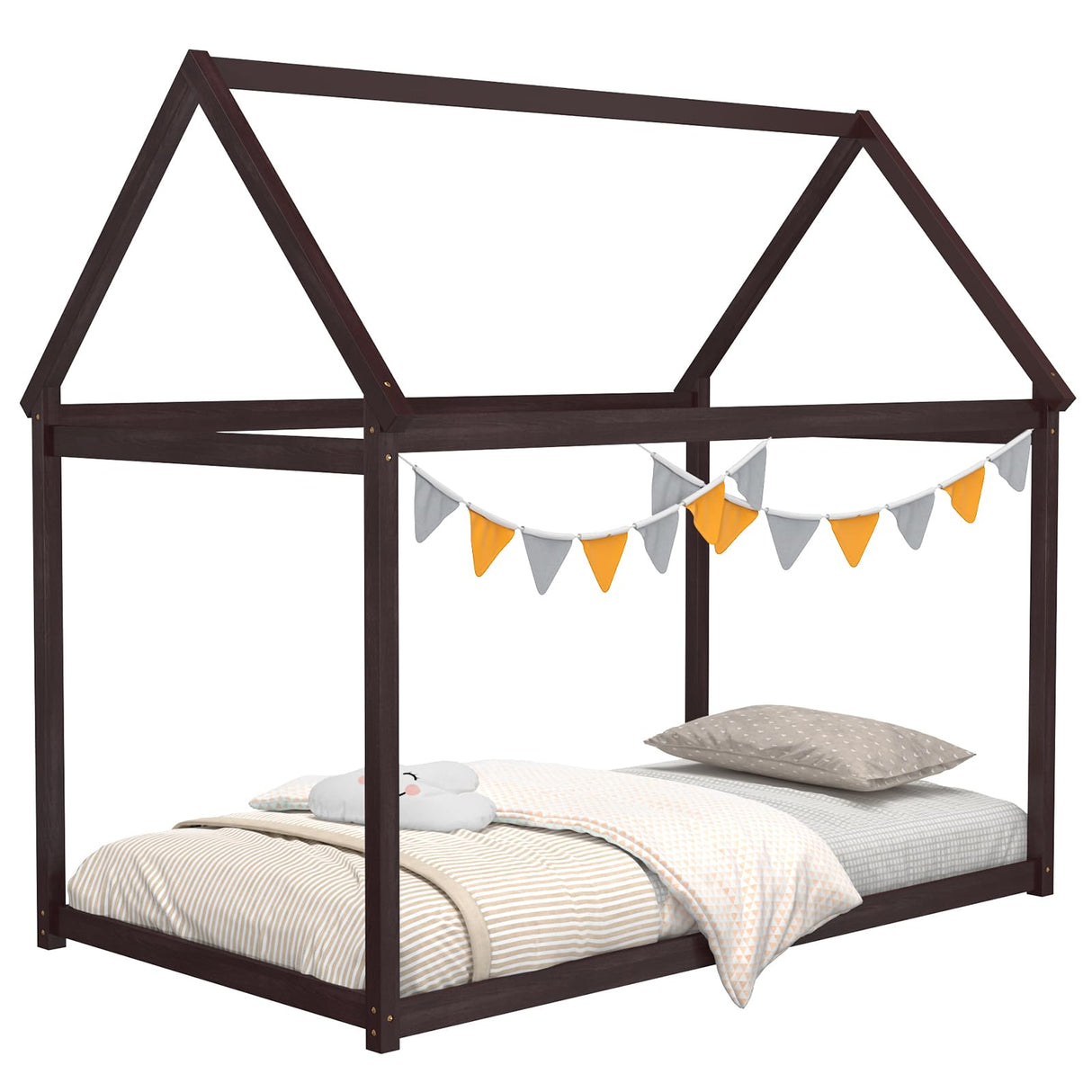 Giantex Espresso Twin House Bed Frame with Canopy - Montessori-Inspired Low Floor Bed for Kids and Teens Giantex