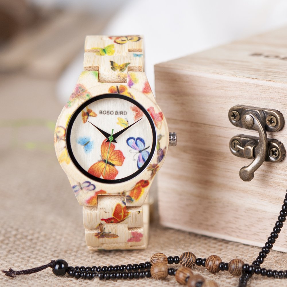 BOBO BIRD Women's Bamboo Watch Butterfly Engraved Handmade Wooden Casual Watches BOBO BIRD