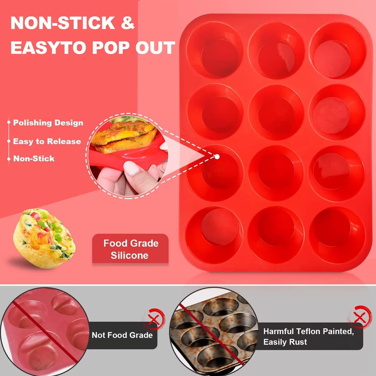 YJWYDM 12 Cups Silicone Muffin Pan, 2 Pack Non-Stick Cupcake Pans Silicone Muffin Tray Baking Pan for Making Muffin Cakes, Cupcake, Bread, Tart, Egg Bites YJWYDM