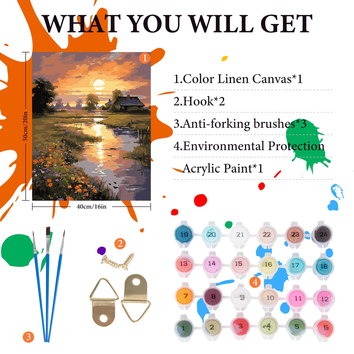 Paint by Numbers Kit for Adults Beginner, Countryside Sunset Adult Paint by Number Kits on Canvas Without Frame, Riverside Cabin Oil Paint by Numbers for Home Decor Gift 16” W x 20”L Fountor