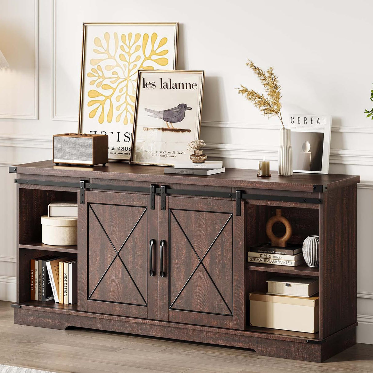 CABIHOME Farmhouse TV Stand and Entertainment Center for TV Up to 65 Inches with Sliding Barn Doors and Adjustable Shelf, TV Media Storage Console Table and Furniture for Living Room, Bedroom, Brown CABIHOME