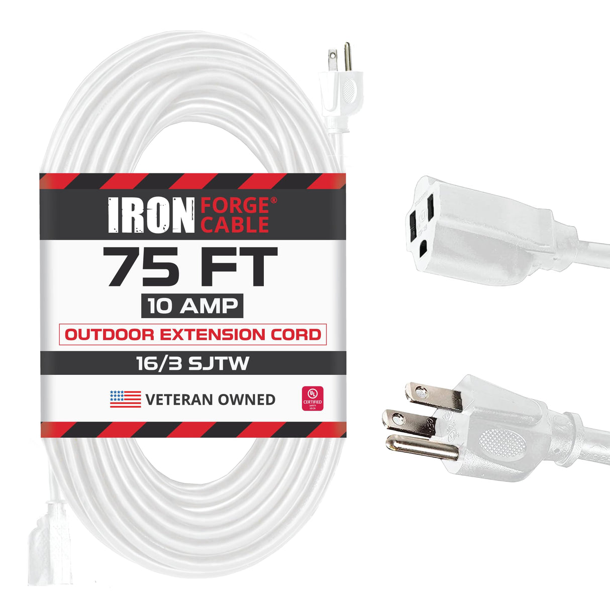 Iron Forge Cable Outdoor Extension Cord 75 ft, 16 Gauge Heavy Duty Power Extension Cords 3 Prong Weatherproof - SJTW - Great for Outdoor Lights, Lawn, Household Appliances - White IRON FORGE CABLE