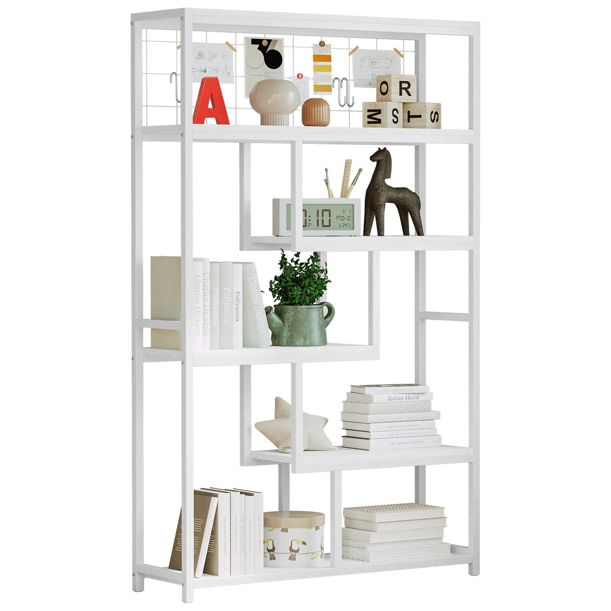 IRONCK Bookshelves and Bookcases 6-Shelf Etagere Bookcase, Industrial Open Display Shelves Geometric Bookcase with Sturdy Metal Frame,Industrial White IRONCK