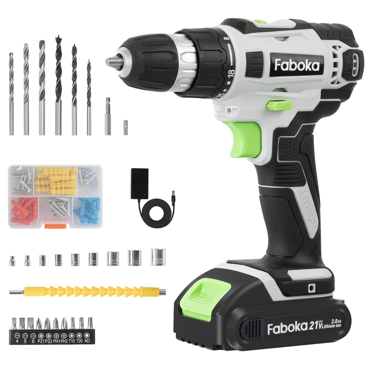 Faboka 21V Cordless Drill Set, Power Drills Kit with 2.0Ah Battery and Charger, Electric Driver/Drill Bits, Max Torque 40Nm, 3/8-Inch Keyless Chuck, Variable Speed, with LED Light FABOKA