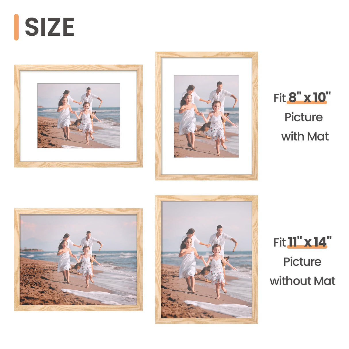upsimples 11x14 Picture Frame Set of 5, Display Pictures 8x10 with Mat or 11x14 Without Mat, Wall Gallery Photo Frames, Natural upsimples