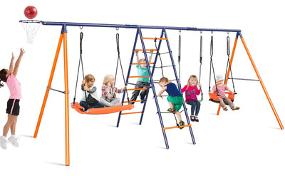 Swing Sets for Backyard, 6 in 1 Swing Set Outdoor for Kids 3-12, 700 lbs Heavy Duty Metal Toddler Playset Swingset for Playground with 3 Adjustable Swings, Basketball Hoop, Climbing Ladder and Nets