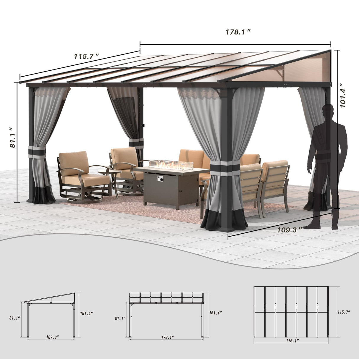 Gotland 10FTx14FT Outdoor Wall-Mounted Hardtop Pergola, Metal Frame Gazebo with Sloping Sun Panel Roof and Double Curtains for Patio, Garden, Lawn, Grey Gotland