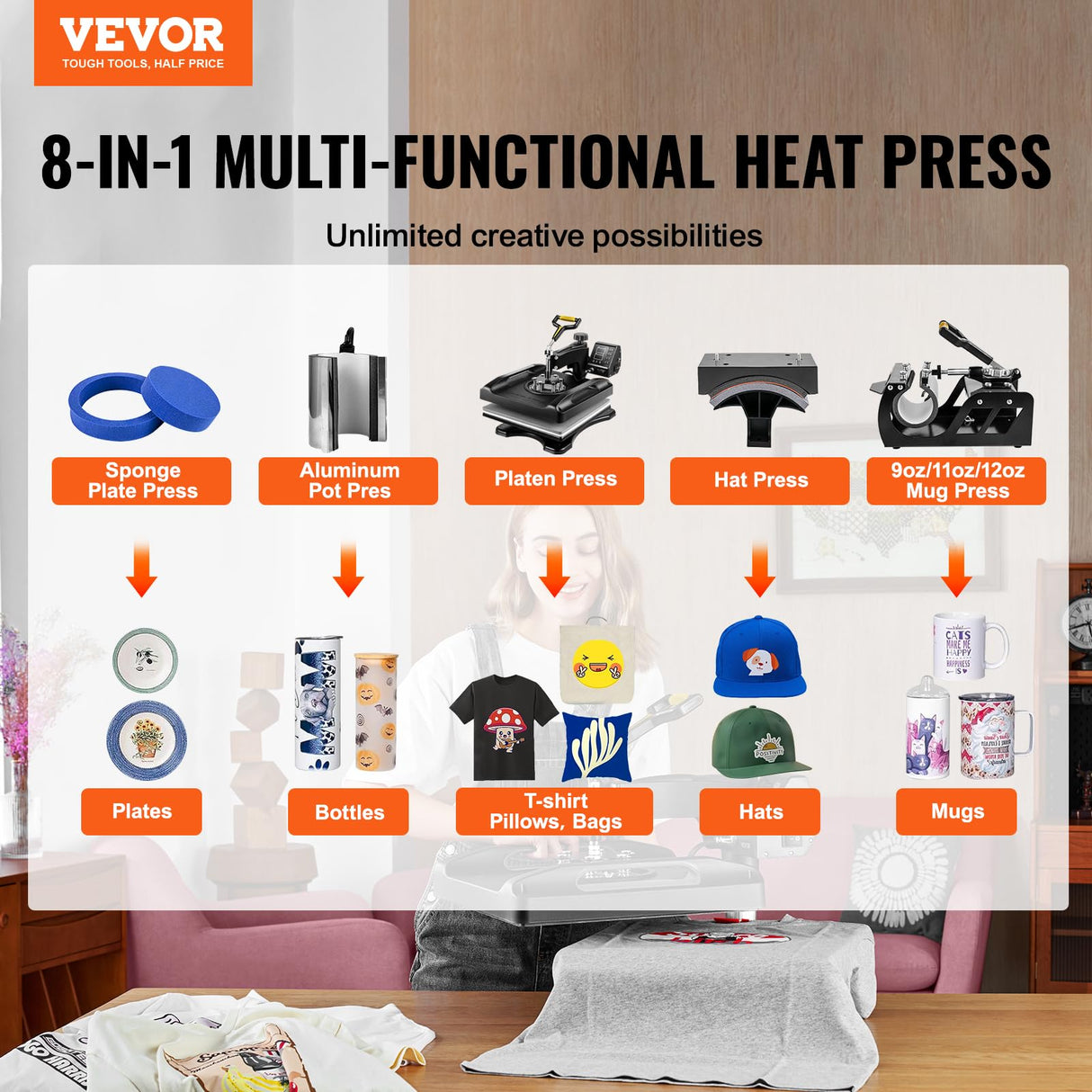 VEVOR Heat Press Machine 8 in 1 Combo - 15x15 Tshirt Press Machine with Tumbler Press, 360° Swing Away Digital Multifunction Heat Transfer Sublimation for Printing T Shirts Mug Hat Plate Cap, Black VEVOR