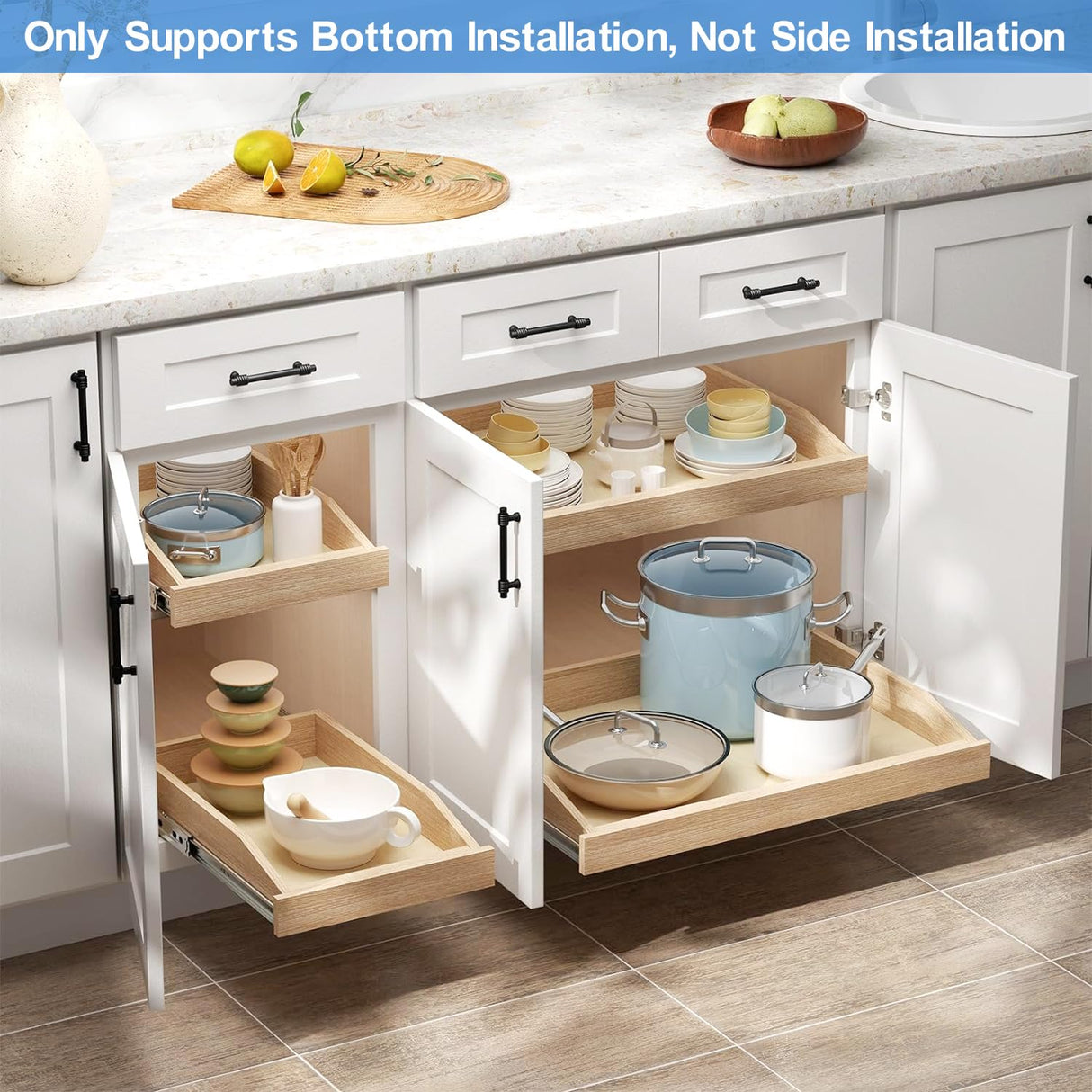 ROOMTEC Soft Close Pull Out Cabinet Organizer 25-1/2" W x 21" D Cabinet Organizer Wood Slide Out Shelves Cabinet Storage and Organizer for Kitchens and Pantry ROOMTEC